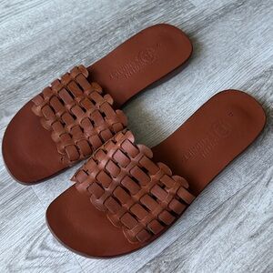 Bodrum Dark Brown Leather Woven Slide Sandals, Size 9, Handmade Turkey
